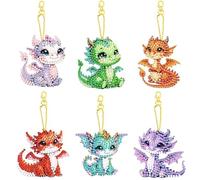 PearlGirl 5D Gem Diamond Painting Keychain Kits, DIY 6 Pcs Cute Chubby Baby Dragon DIY Diamond Art Key Chain Creative Handmade Gem Art Hanging Pendant Craft for Backpack Handbag Decor