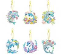 PearlGirl 5D Gem Diamond Painting Keychain Kits, DIY 6 Pcs Leaping Blue Dolphin DIY Diamond Art Key Chain Creative Handmade Gem Art Hanging Pendant Craft for Backpack Handbag Decor