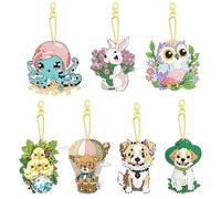 PearlGirl 5D Gem Diamond Painting Keychain Kits, DIY 7 Pcs Owl Chicken Cub Octopus Hot Air Balloon Bear DIY Diamond Art Key Chain Creative Handmade Gem Art Hanging Pendant for Backpack Handbag Decor