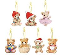 PearlGirl 5D Gem Diamond Painting Keychain Kits, DIY 7 Pcs Pink Bear Love Heart Christmas DIY Diamond Art Key Chain Creative Handmade Gem Art Hanging Pendant Craft for Backpack Handbag Decor