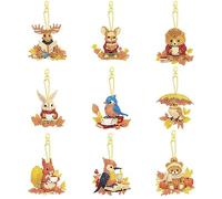 PearlGirl 5D Gem Diamond Painting Keychain Kits, DIY 9 Pcs Autumn Bunny Hedgehog Squirrel Bear DIY Diamond Art Key Chain Creative Handmade Gem Art Hanging Pendant Craft for Backpack Handbag Decor