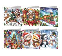 PearlGirl 6 Packs Diamond Art Christmas Cards with Envelopes, Red Hat Cat Dog Santa Claus Xmas Tree Diamond Painting Greeting Card Making Christmas Crafts DIY Kits for Adults Birthday Thanksgiving Day