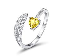 PEARLOVE 925 Sterling Silver Feather Ring with Love Heart Adjustable Birthstone Stackable Ring for Women, Silver, Anniversary, Ring, RING