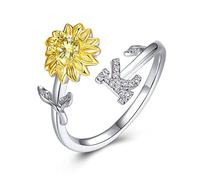 PEARLOVE Sterling Silver initial Ring Sunshine Sunflower CZ Stackable A-Z Open Rings for Women Adjustable Size 6-12