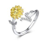 PEARLOVE Sterling Silver initial Ring Sunshine Sunflower CZ Stackable A-Z Open Rings for Women Adjustable Size 6-12