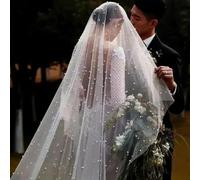 Pearls Bridal Veil 2 Tiers Blusher Wedding Veil Drop Veil Face-Covered With Comb White/Ivory Bead Cathedral 300cm-ChampagneBlusherComb-300cm