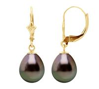 PEARLS & COLORS - Genuine Tahitian Cultured Pearl Drop Earrings 9-10 mm - A+ Quality Available in Yellow Gold & White Gold - Women's Jewellery, Yellow Gold Pearl, Tahitian pearl