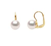 PEARLS & COLORS - Leverback Pearl Earrings Genuine Round Japanese AKOYA Cultured Pearls - AAA+ Quality - Yellow Gold 750 (18 K) - Women's Jewellery