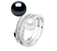 PEARLS & COLORS - Ring "You & Me" Genuine Freshwater Cultured Pearls - Black and White Colors - AAA+ Quality - 925 Sterling Silver Prestige Zirconia Jewellery - Adjustable Size - Women's jewellery