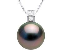 PEARLS & COLORS - Tahitian Cultured Pearl Jewelry Pendant 11-12 mm Round - Quality 0.040 Cts Diamond - FREE Chain - Available in Yellow Gold & White Gold - Women's Jewelry