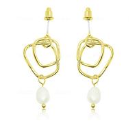 Pearls of Eden - Womans White Pearl and Brass Earrings - Real Freshwater Pearls Round - Modern Design - Elegant Jewelry Box Included