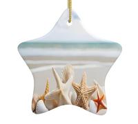 Pearls Seashell Theme -Print Christmas Ceramic Star Ornaments - Handmade Ceramic Holiday Decor With Gold String For Tree Home Festival.