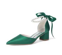 Pearls Strap Low Block Heels Dress Pumps for Women Satin Pointed Toe Evening Wedding Bridal Court Shoes 1352-01,Green,5 UK