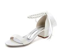 Pearls Strappy Bridal Sandals Low Block Heel Women Satin Open Toe Wedding Dress Party Shoes 13091-1SD,Ivory,7 UK