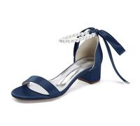 Pearls Strappy Bridal Sandals Low Block Heel Women Satin Open Toe Wedding Dress Party Shoes 13091-1SD,Navy,4 UK