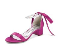 Pearls Strappy Bridal Sandals Low Block Heel Women Satin Open Toe Wedding Dress Party Shoes 13091-1SD,Fuchsia,8 UK
