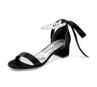 Pearls Strappy Bridal Sandals Low Block Heel Women Satin Open Toe Wedding Dress Party Shoes 13091-1SD,Black,4 UK