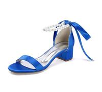 Pearls Strappy Bridal Sandals Low Block Heel Women Satin Open Toe Wedding Dress Party Shoes 13091-1SD,Blue,8 UK