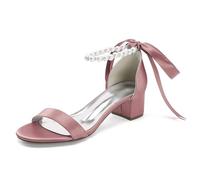 Pearls Strappy Bridal Sandals Low Block Heel Women Satin Open Toe Wedding Dress Party Shoes 13091-1SD,Blush,8.5 UK