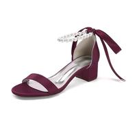 Pearls Strappy Bridal Sandals Low Block Heel Women Satin Open Toe Wedding Dress Party Shoes 13091-1SD,Burgundy,8.5 UK