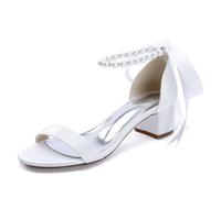 Pearls Strappy Bridal Sandals Low Block Heel Women Satin Open Toe Wedding Dress Party Shoes 13091-1SD,White,3.5 UK