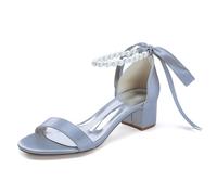Pearls Strappy Bridal Sandals Low Block Heel Women Satin Open Toe Wedding Dress Party Shoes 13091-1SD,Silver,8.5 UK