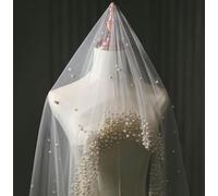 Pearls Wedding Veil 1 Layer Long Bridal Cathedral Veil With Pearls Mantilla Luxurious Tulle Crystal Bride Veil Hair Accessories-White-300cm