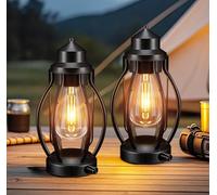 pearlstar 2 Pack Lanterns Metal Battery Operated Table Lamp Vintage Decor Rechargeable with LED Bulb for Garden Camping Indoor Outdoor Living Room