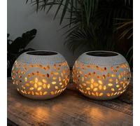 Pearlstar 2Pcs Solar Garden Ornaments Table Lamp Metal Flickering Flame Lanterns for Outside LED Solar Lights Outdoor Garden Decorative Mother's Day Gift - White