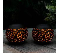 Pearlstar 2Pcs Solar Garden Ornaments Table Lamp Metal Flickering Flame Lanterns for Outside LED Solar Lights Outdoor Garden Decorative Mother's Day Gift - Black
