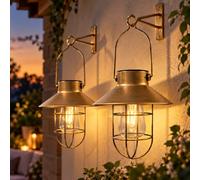 pearlstar Solar Lanterns Outdoor Metal Solar Powered Hanging Lights Waterproof for Wall Yard Garden Patio Garage Balcony Porch Fence Decor, Warm White Edison Bulb,with Wall Mount Kit（Copper-2pack）