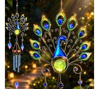 pearlstar Solar Peacock Wind Chimes Outdoor, 51.2" H Metal Garden Light | Metal Peacock Wind Chime with Crackle Glass Ball, Waterproof Hanging Decor and Gift for Mom and Women, Garden Patio Yard