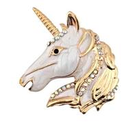 Pearly Enamel & Iridescent AB Crystal Rhinestone Unicorn Head Brooch - goldtone medieval heraldry white pony horse & horn pin
