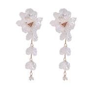 Pearly Floral Dangle Earrings with Resin Petal Layers, Long Statement Profile and Stainless Steel Posts for Travel Floral Accessory Pearly Gloss Face Framing Outfit Accent Layered Blossom Resin