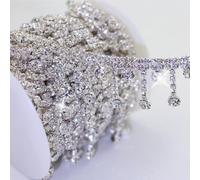 PEARLY JUN 1 Yard Silver AB Rhinestone Trim Chain Crystal Fringe | Sewing Dress DIY Party Wedding Bouquet for Decoration Bridal Costume Embellishment Clothing Accessories