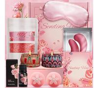 Pearshek "Sending Hug" Pamper Hamper for Women, 9-Piece Rose Self Care Gift Set with Collagen Eye Patches & Sleep Mask, Relaxation Birthday & Get Well Soon Gifts for Ladies, Mum, Sister, Friend