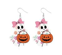 Peasimy Halloween Wooden Printed Ghost Earrings Cute Fun Spooky Pumpkin Candy Jar Reading Book Pencil Earrings for Women, L, Wood, No Gemstone