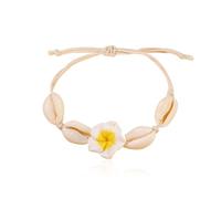 Peasimy Natural Cowrie Shell Flower Bracelets Handmade Boho White Seashell Bracelet for Women, L, Stretch Wax Cord, Natural Shell Beads, no gemstone