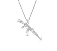 Peasimy Punk Hip-Hop Full Rhinestone Handgun Necklace Bling Submachine Gun Pendant Chain for Men Women Streetwear Jewelry, L, Metal, No Gemstone