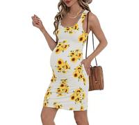 Peauty "B Shape Side Ruch Maternity Tank Dress/Bodycon Midi Dress for Everyday Wear Baby Shower, White With Sun Flower, XL