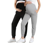 Peauty Buttery Soft Maternity Jogger Pants with Cuffed Tapered Legs, Over The Belly Design for Lounge & Active Wear, 2 Pack/Black+medium Heather Gray, M