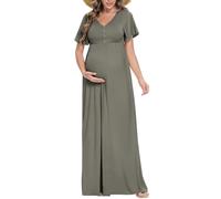 Peauty Maternity Maxi Dress Summer with Decorative Button (S-3XL)/Short Flutter Sleeve Flowy Dress Baby Shower Photoshoot, Green Gray, L