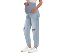 Peauty Maternity Ripped Boyfriend Jeans Over The Bump Support Comfy Stretch Casual Pregnancy-Pants, Distressed Blue, 8