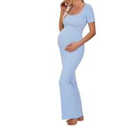 Peauty Maternity Square Neck Bodycon Dress Ribbed Maxi Maternity Dress Photoshoot Short Sleeve Baby Shower Dress, Blue, L