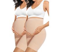 Peauty Womens Maternity Dress Shapewear Shorts Soft And Seamless Elastic High Waist Mid Thigh Pregnancy Shaper Double Nude L