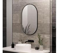 Pebble Grey Bathroom Mirror 800x500mm Black Frame - Kira Pill Wall Mirror for Bathroom Spaces, Slim Oval Design, Hallway Decor Accent, Large Over Sink Vanity Glass, Modern Home Interior Piece