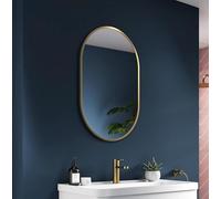 Pebble Grey Bathroom Mirror 800x500mm Brushed Brass Frame - Kira Pill Wall Mirror for Bathroom Spaces, Slim Oval Design, Hallway Decor Accent, Over Sink Vanity Glass, Modern Home Interior Piece