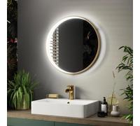 Pebble Grey Brushed Brass Illuminated Bathroom Mirror with LED Lights 600mm IP44 Rated - Luna Round 3 Colour Dimmable LED Bathroom Mirrors with Lights, Demister Pad,& Touch Sensor, Aluminium Framed