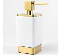 Pebble Grey™ Elemental Ceramic Soap Dispenser for Bathrooms, Square Lotion & Handwash Dispenser Bottle with Pump, Padded Bottom, Freestanding (Brushed Brass)