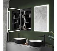 Pebble Grey LED Bathroom Mirror Cabinet 500x700mm - Malin Recessed Bathroom Cabinet with Mirror and Light, Touch Sensor Wall Mounted Vanity Storage Unit with Demister Pad, USB Port and Shaver Socket